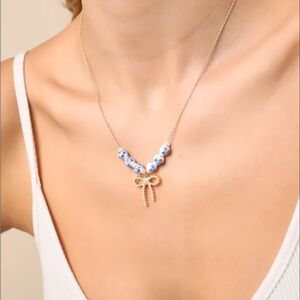 Lulus Darling Always Gold Beaded Bow Charm Necklace - Size One Size